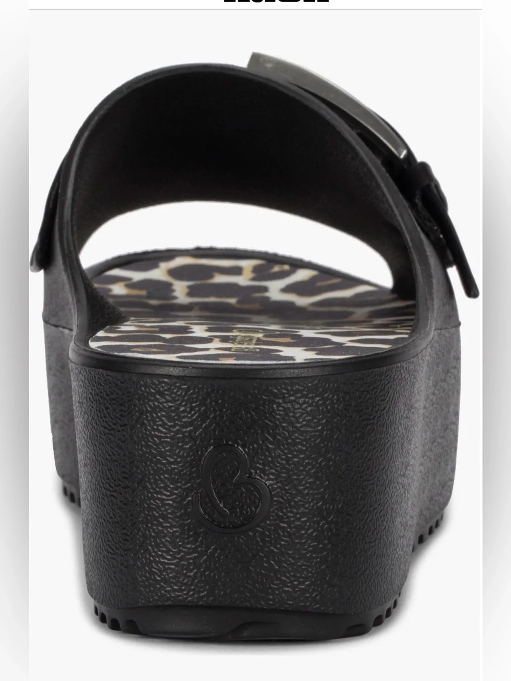 Baretraps Pacey Black Platform Slide Sandals Leopard Buckle Women’s NWOT